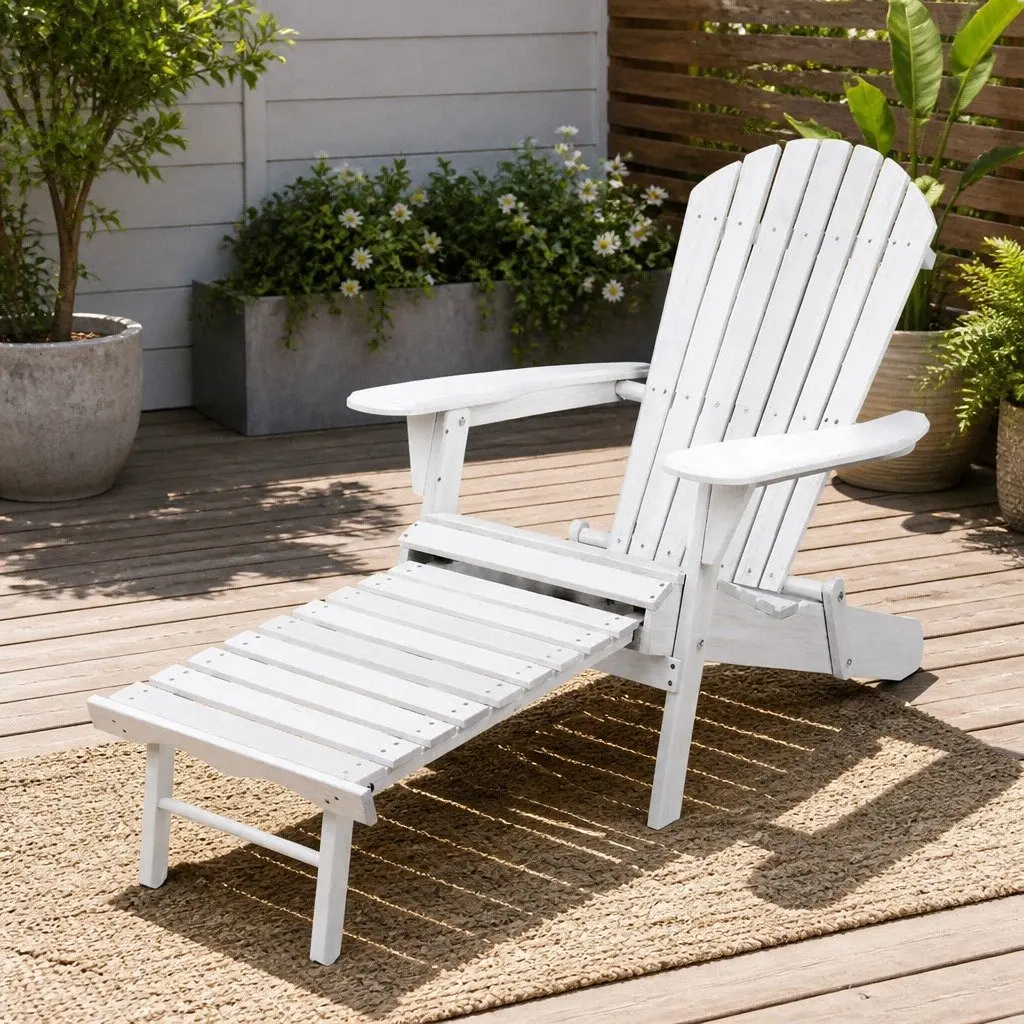 Adirondack Lounge Chair White Wooden Foldable with Slide-out Ottoman High Back Extra-wide Armrests