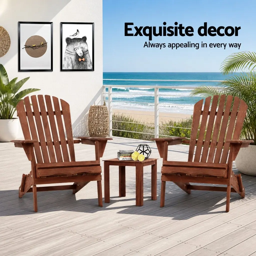 3-Piece Outdoor Lounge Set Brown Foldable Wooden Adirondack Chairs with Side Table