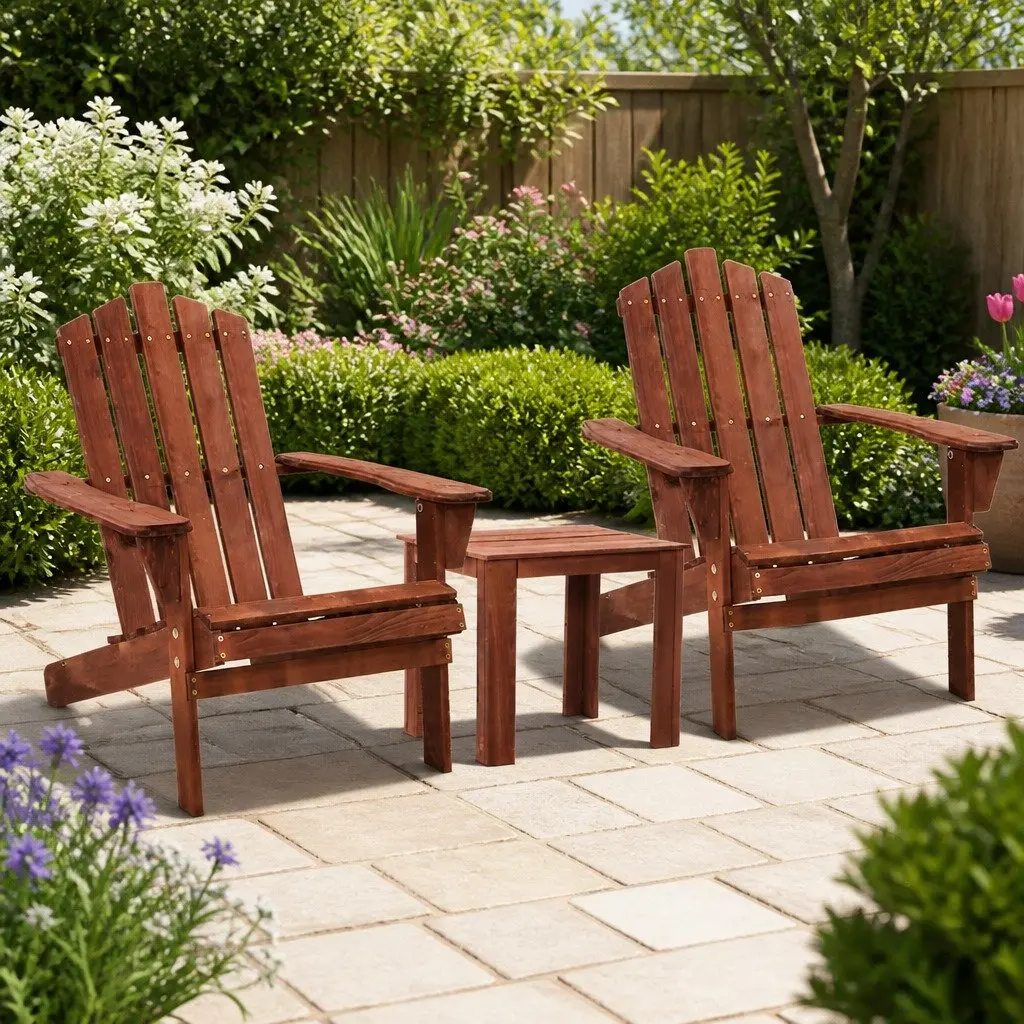 3 Piece Adirondack Wooden Outdoor Chair and Side Table Set Beach Patio Furniture