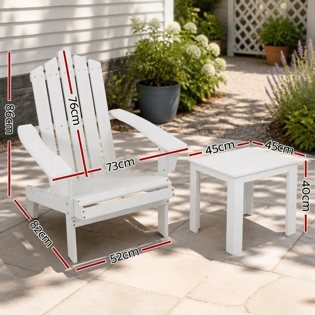 3 Piece Adirondack Chair Set White Wooden Outdoor Lounge Furniture