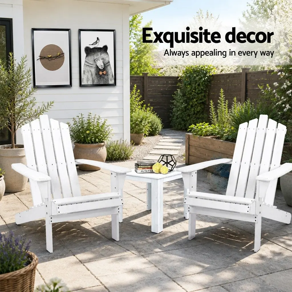 3 Piece Adirondack Chair Set White Wooden Outdoor Lounge Furniture