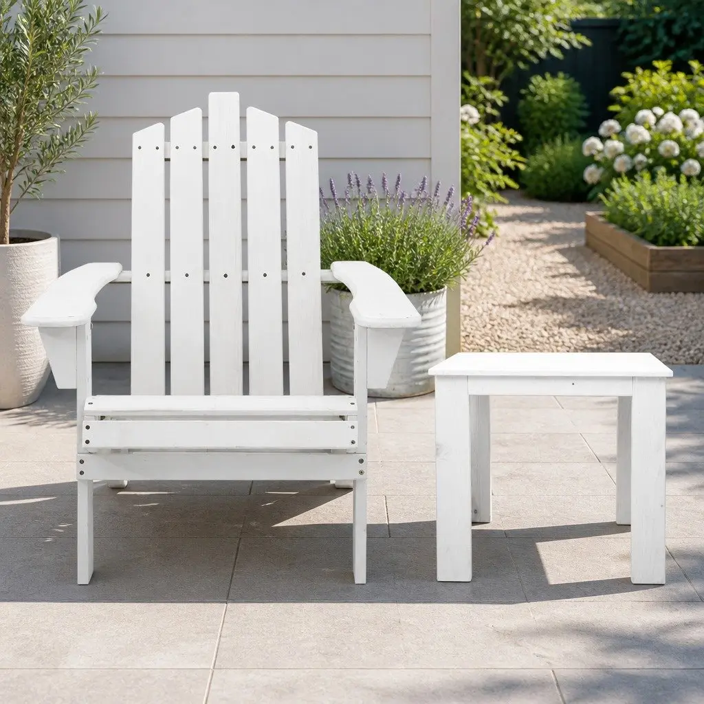 3 Piece Adirondack Chair Set White Wooden Outdoor Lounge Furniture
