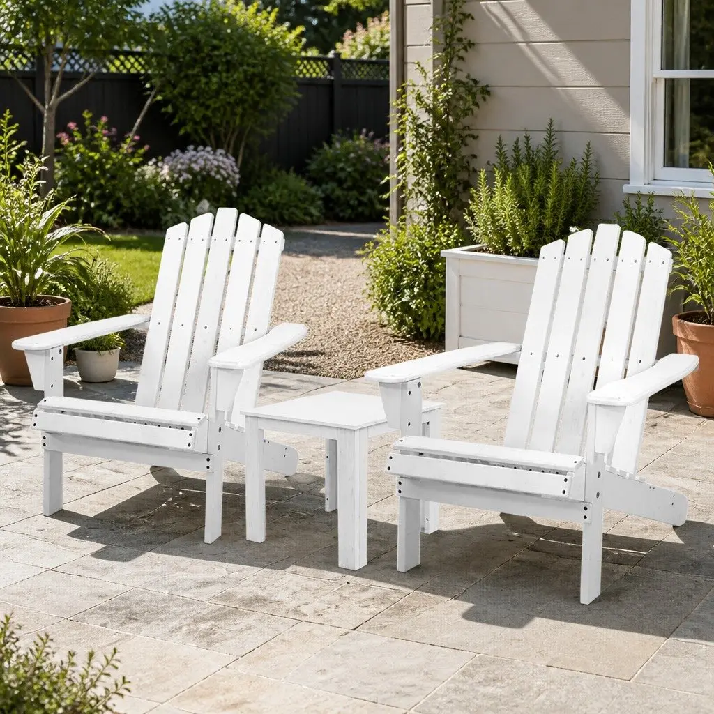 3 Piece Adirondack Chair Set White Wooden Outdoor Lounge Furniture