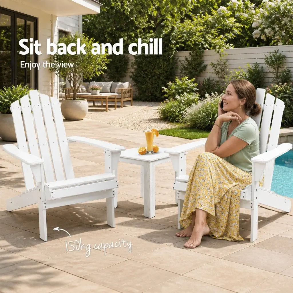 3 Piece Adirondack Chair Set White Wooden Outdoor Lounge Furniture