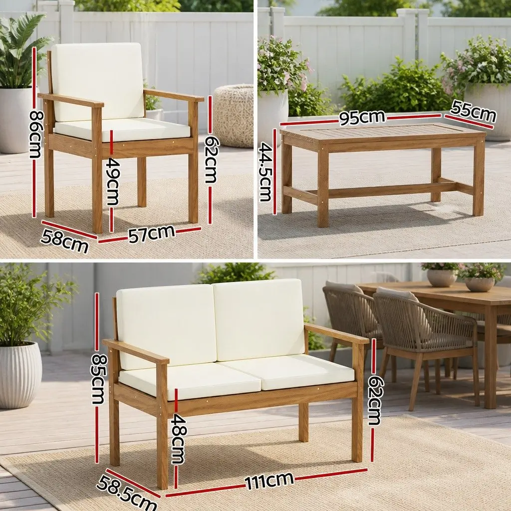 4-Piece Outdoor Sofa Set Brown Wooden Couch Lounge with White Cushions