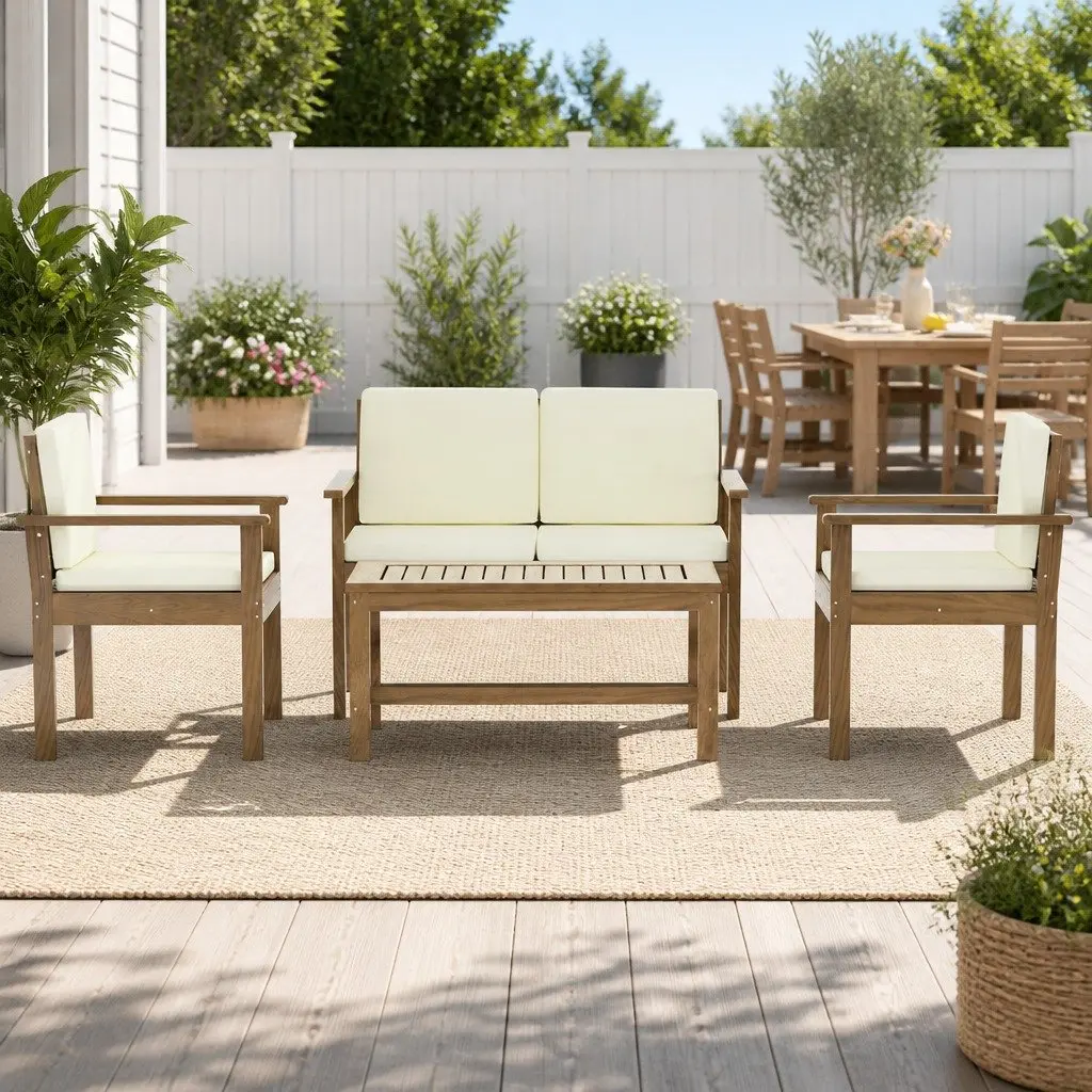 4-Piece Outdoor Sofa Set Brown Wooden Couch Lounge with White Cushions