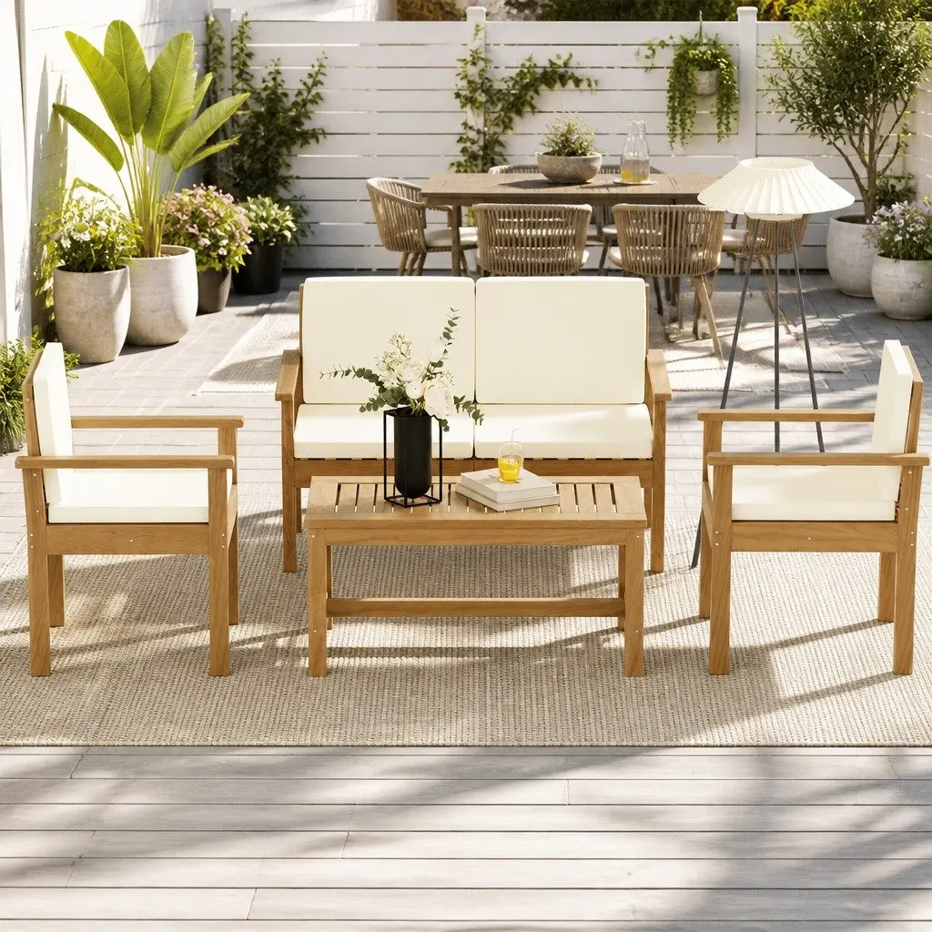 4-Piece Outdoor Sofa Set Brown Wooden Couch Lounge with White Cushions