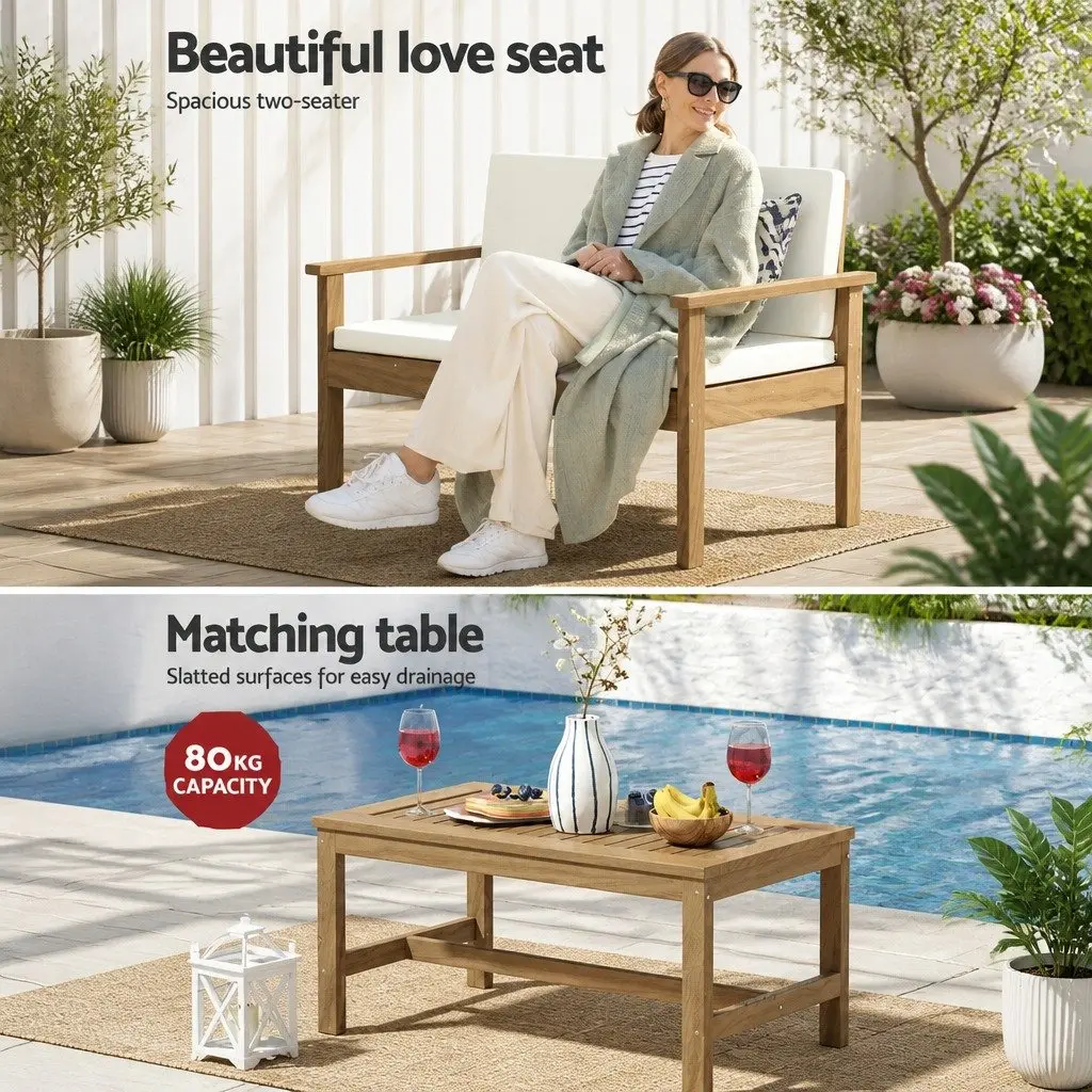 4-Piece Outdoor Sofa Set Brown Wooden Couch Lounge with White Cushions