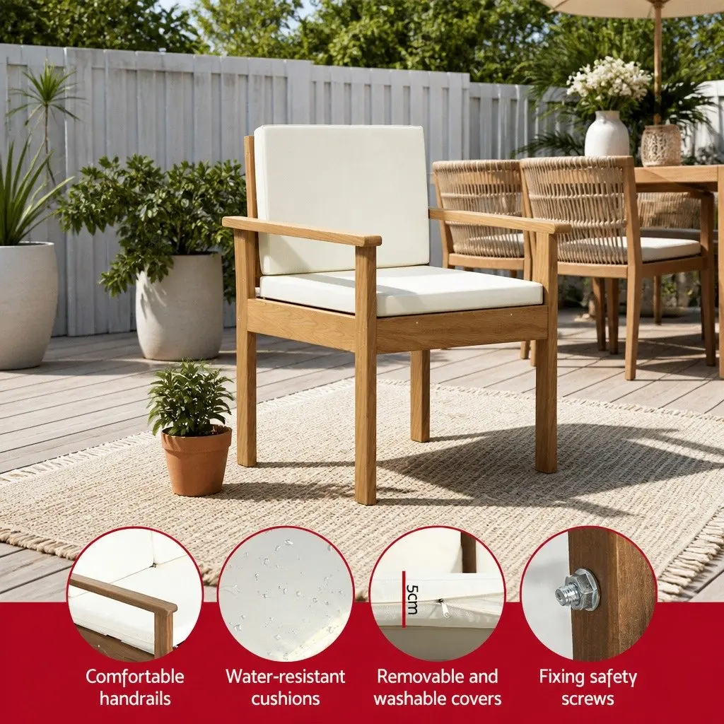 4-Piece Outdoor Sofa Set Brown Wooden Couch Lounge with White Cushions