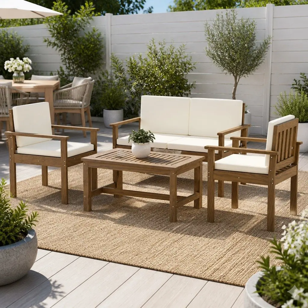 4-Piece Outdoor Sofa Set Brown Wooden Couch Lounge with White Cushions