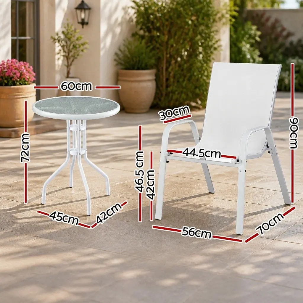 3PC Outdoor Dining Set White Stackable Chairs Tempered Glass Table