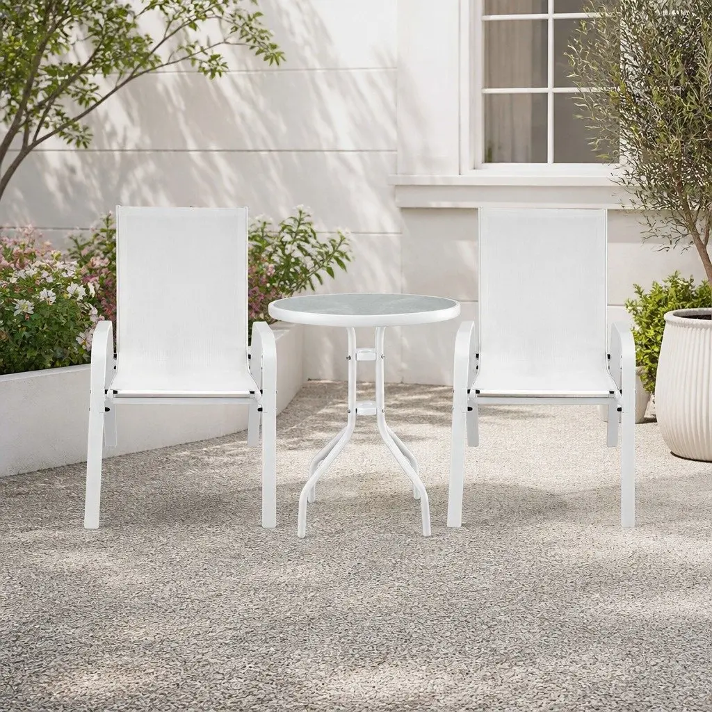 3PC Outdoor Dining Set White Stackable Chairs Tempered Glass Table