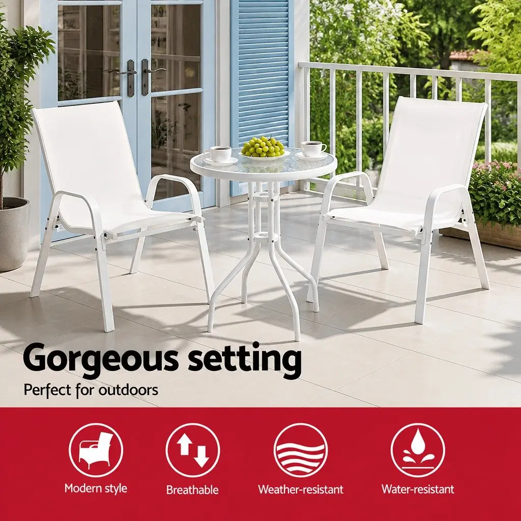 3PC Outdoor Dining Set White Stackable Chairs Tempered Glass Table