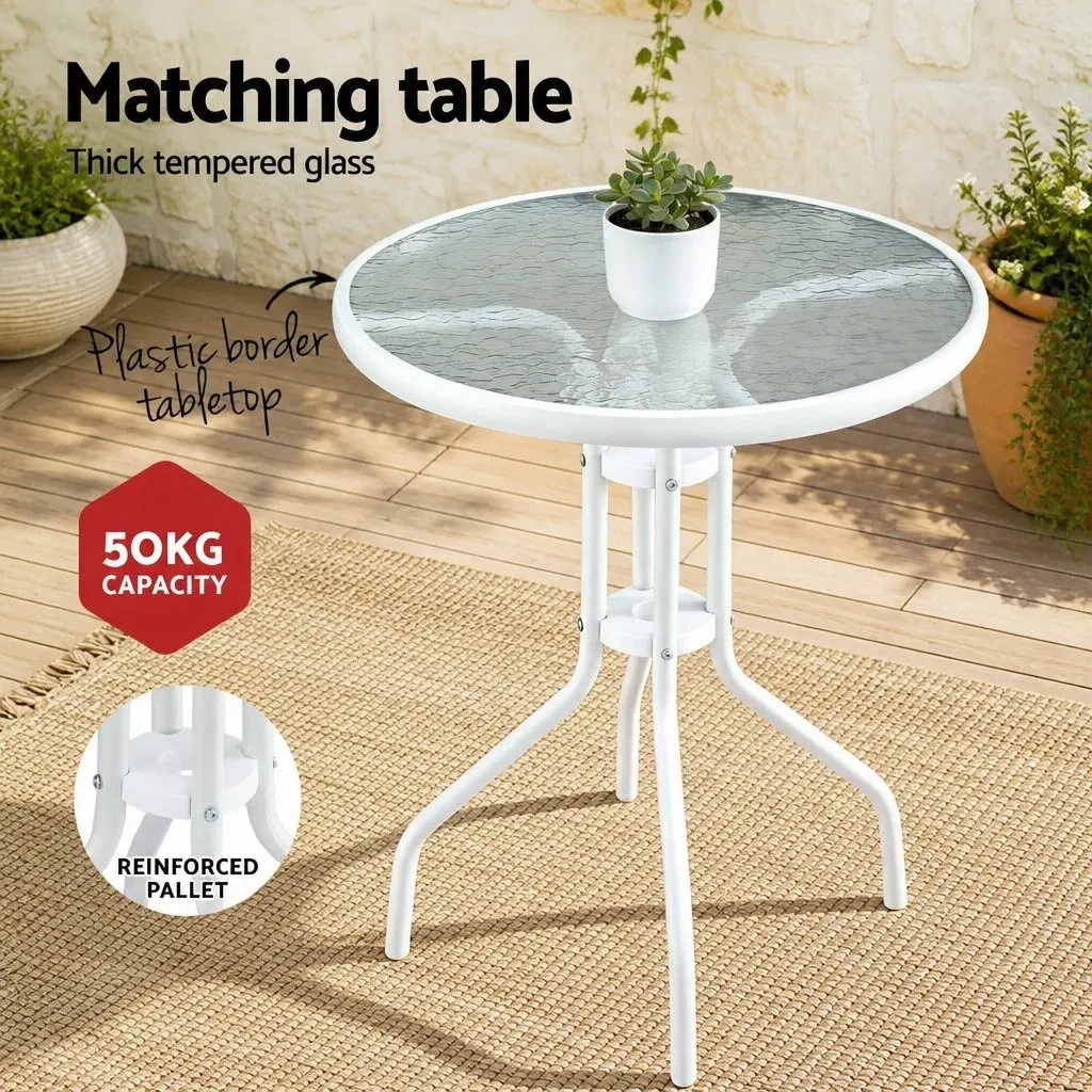 3PC Outdoor Dining Set White Stackable Chairs Tempered Glass Table