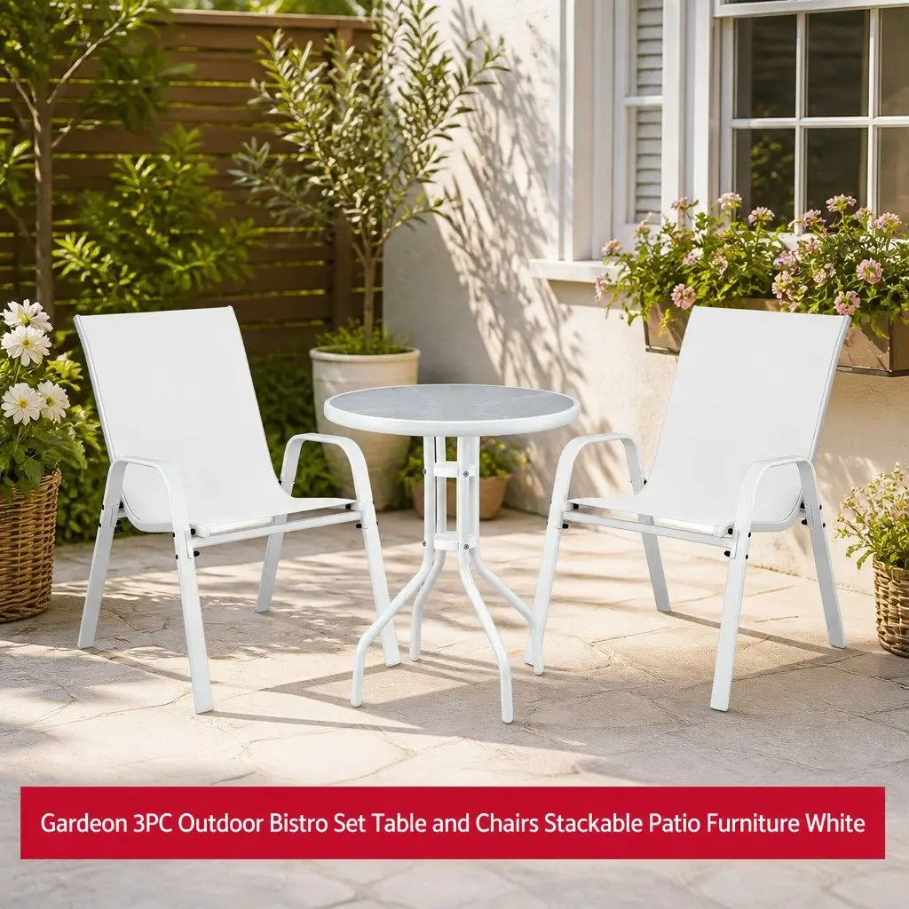 3PC Outdoor Dining Set White Stackable Chairs Tempered Glass Table