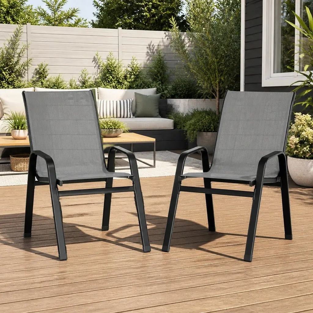 Outdoor Chairs Grey Stackable Metal Frame Two-Piece Set