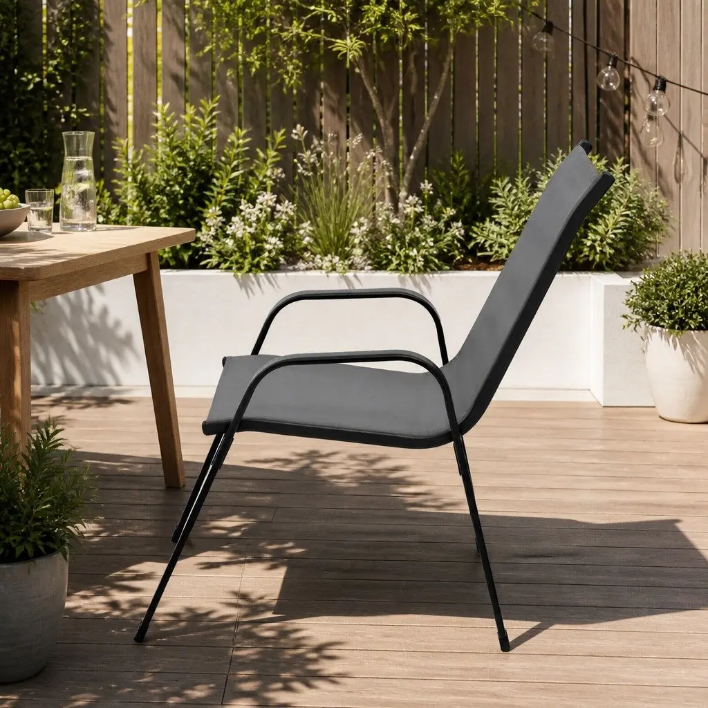 Outdoor Chairs Grey Stackable Steel Frame Textilene Fabric Weather Resistant
