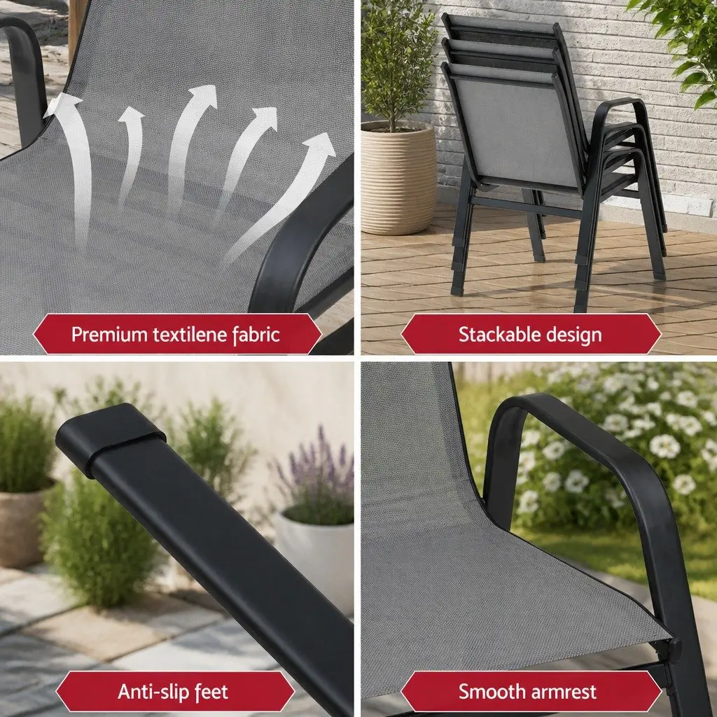 Outdoor Chairs Grey Stackable Steel Frame Textilene Fabric Weather Resistant
