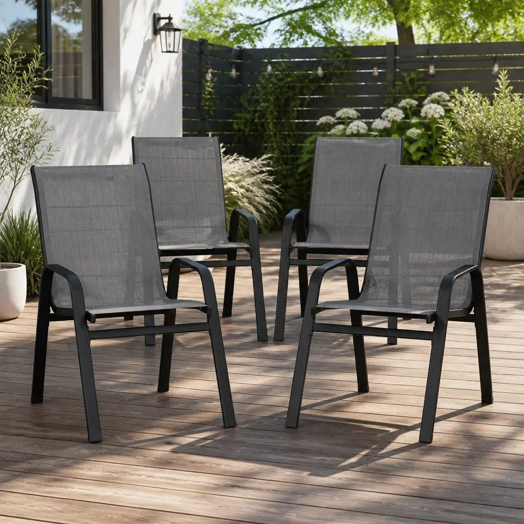 Outdoor Chairs Grey Stackable Steel Frame Textilene Fabric Weather Resistant