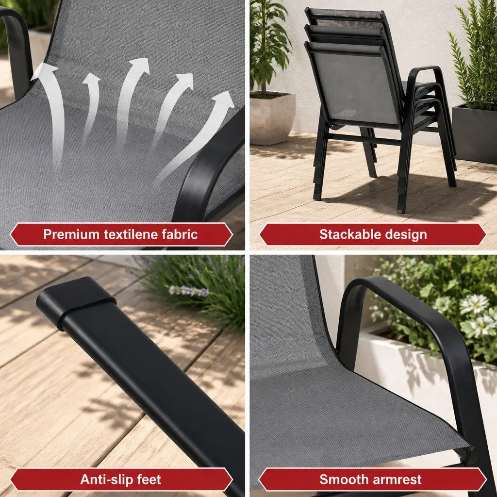 Outdoor Stackable Dining Chairs Set 6PC Patio Lounge Furniture Grey Steel Frame