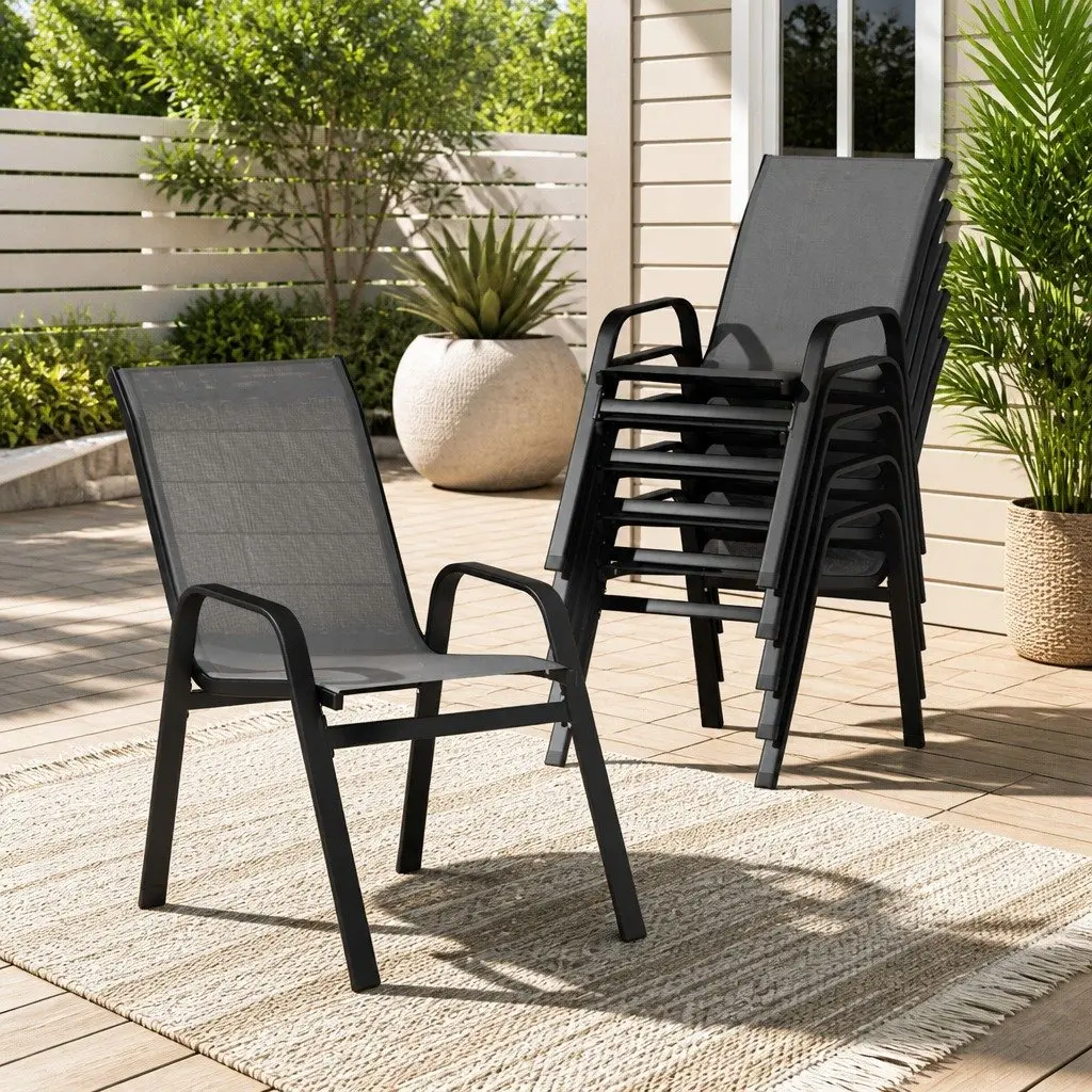 Outdoor Stackable Dining Chairs Set 6PC Patio Lounge Furniture Grey Steel Frame