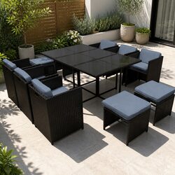 Compact 11-Piece Black Wicker Dining Set for 10
