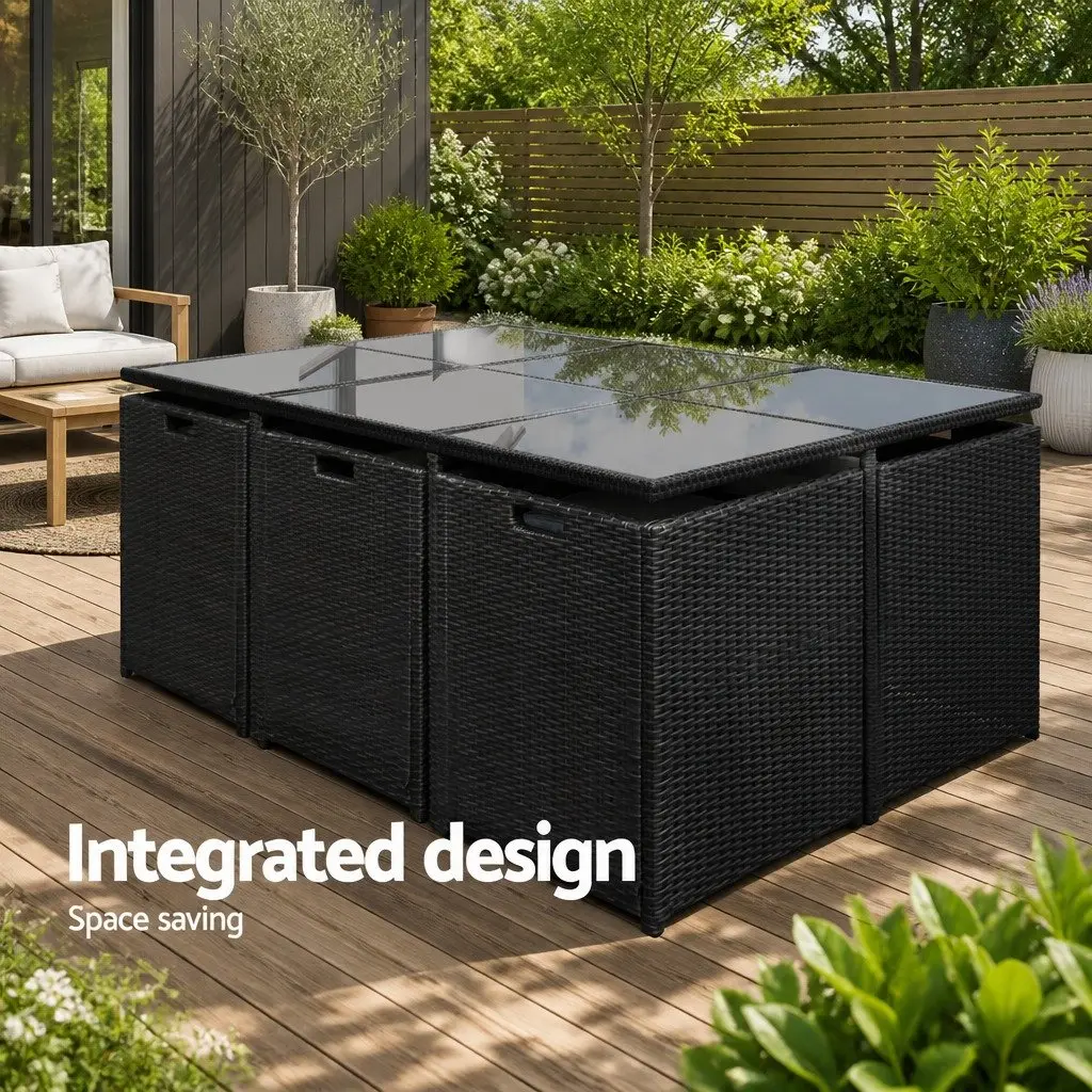 Outdoor Dining Set Black 11 Piece Wicker Table Chairs Ottoman Tempered Glass Top