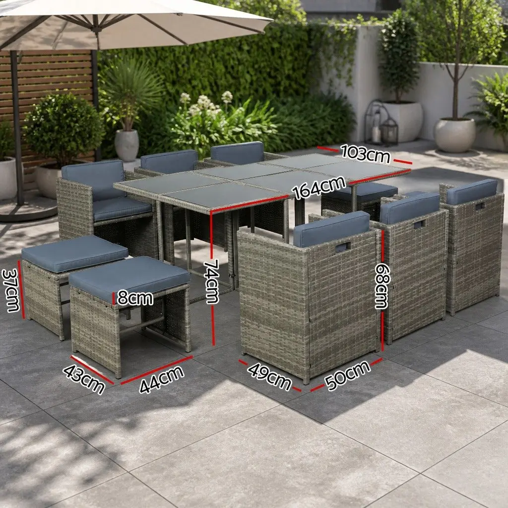 Outdoor Dining Set Grey 11 Piece Wicker Table Chairs Ottomans