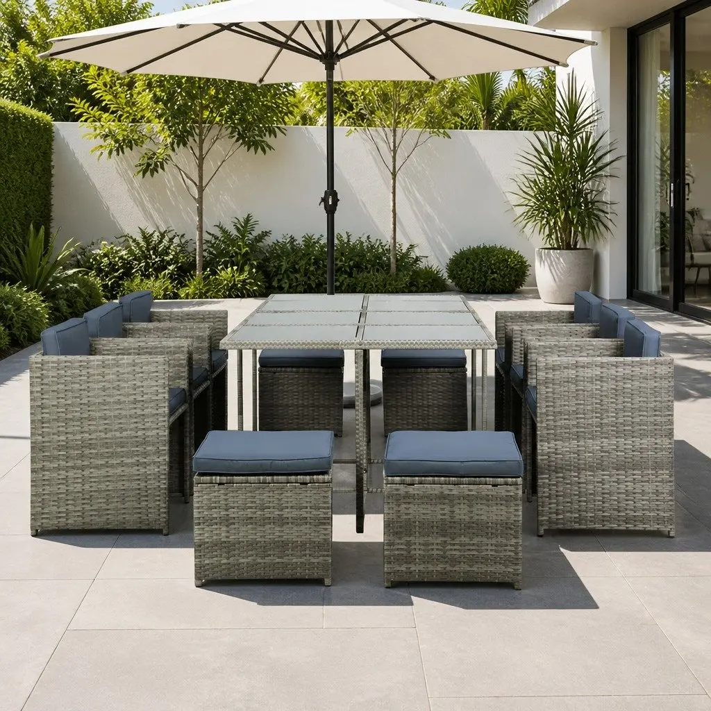 Outdoor Dining Set Grey 11 Piece Wicker Table Chairs Ottomans