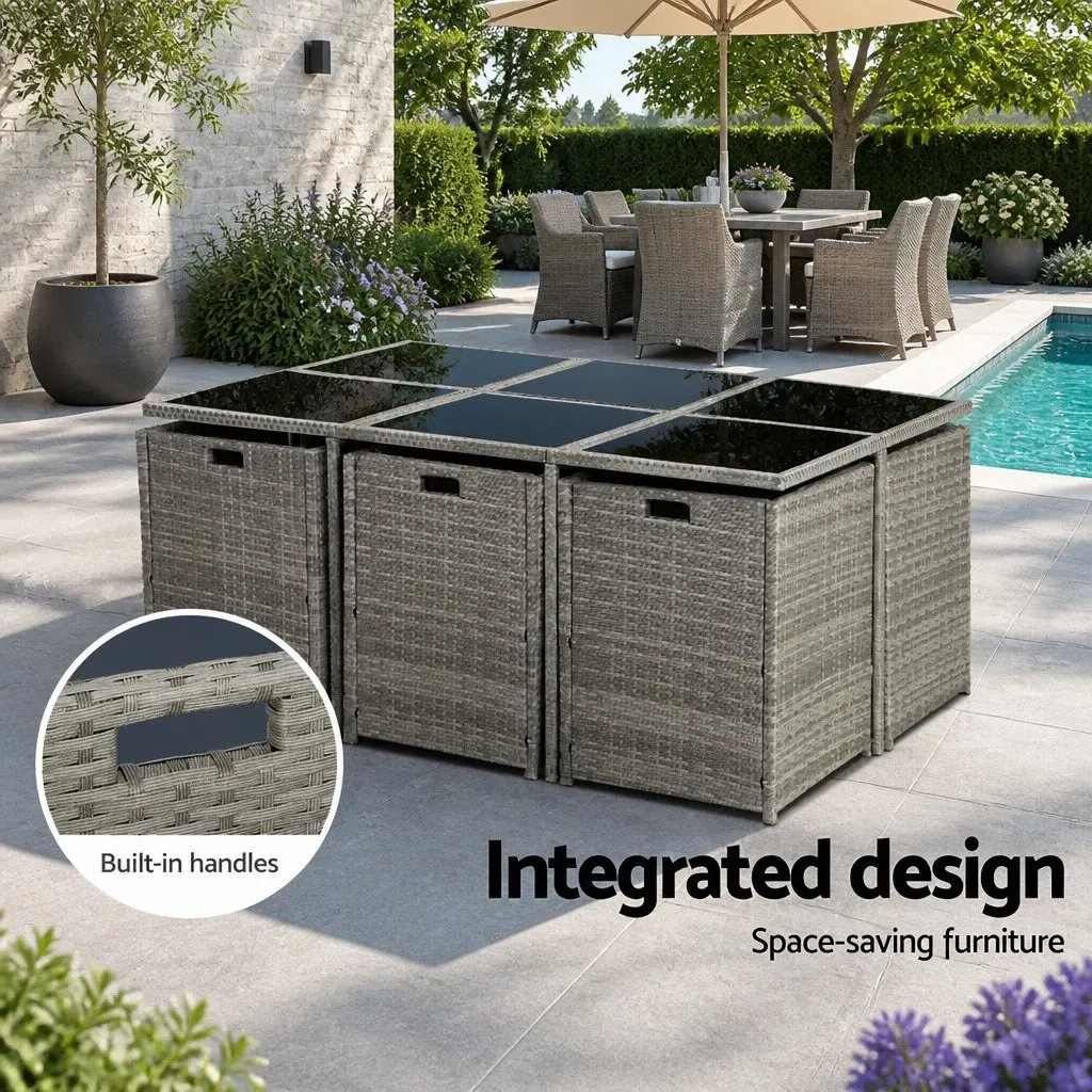 Outdoor Dining Set Grey 11 Piece Wicker Table Chairs Ottomans
