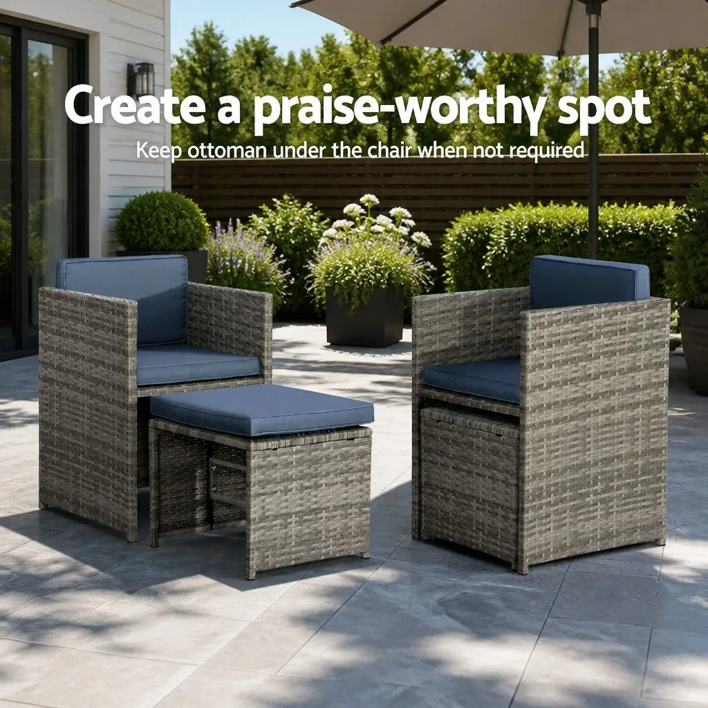 Outdoor Dining Set Grey 11 Piece Wicker Table Chairs Ottomans