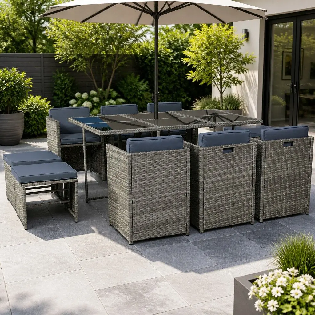 Outdoor Dining Set Grey 11 Piece Wicker Table Chairs Ottomans