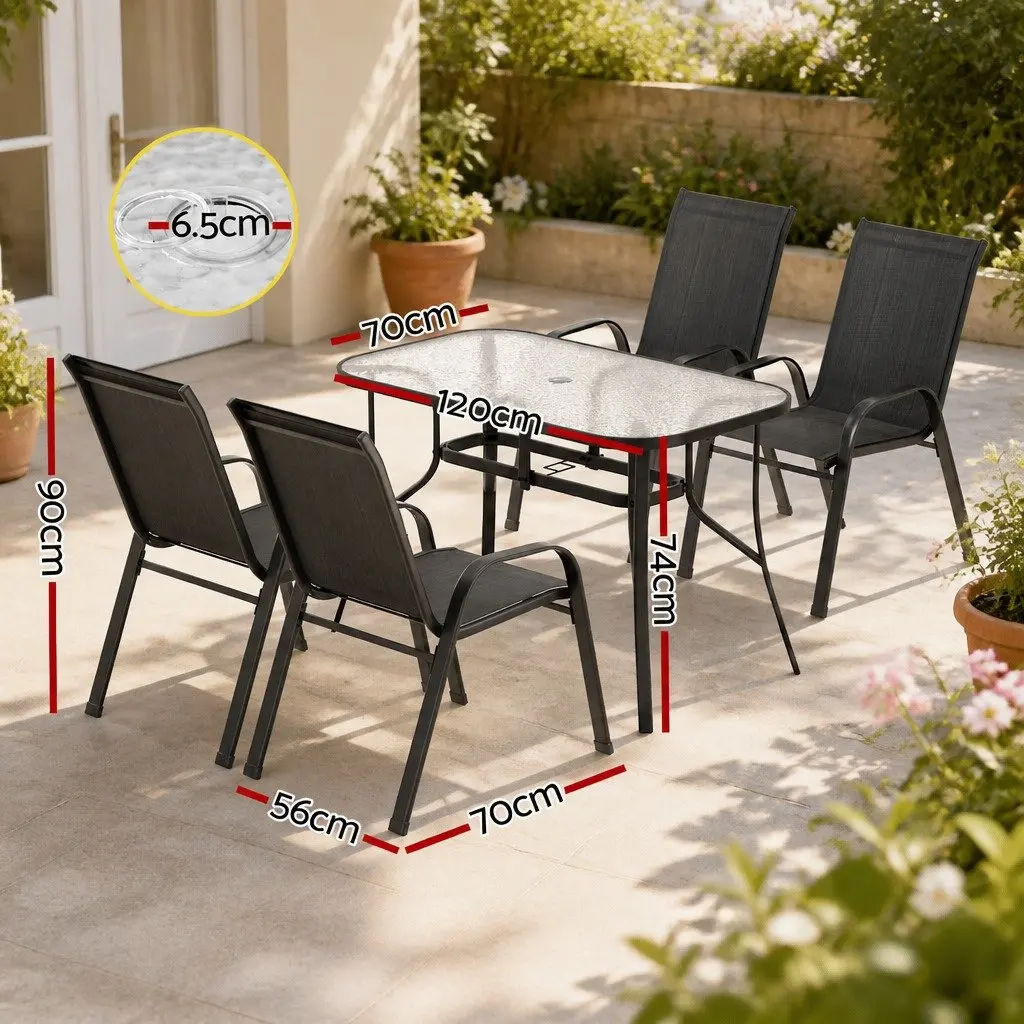 Outdoor Dining Set Black Tempered Glass Table Stackable Chairs 5 Piece Steel Frame