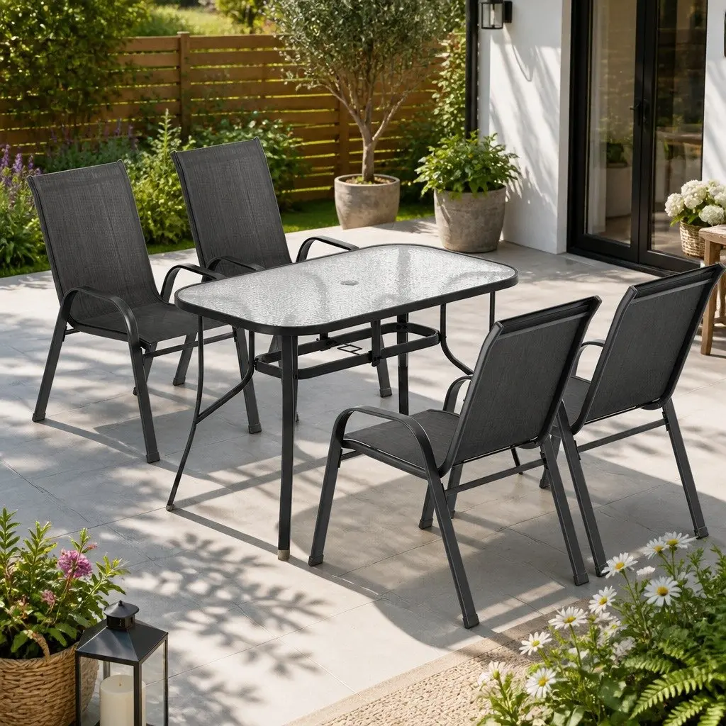 Outdoor Dining Set Black Tempered Glass Table Stackable Chairs 5 Piece Steel Frame
