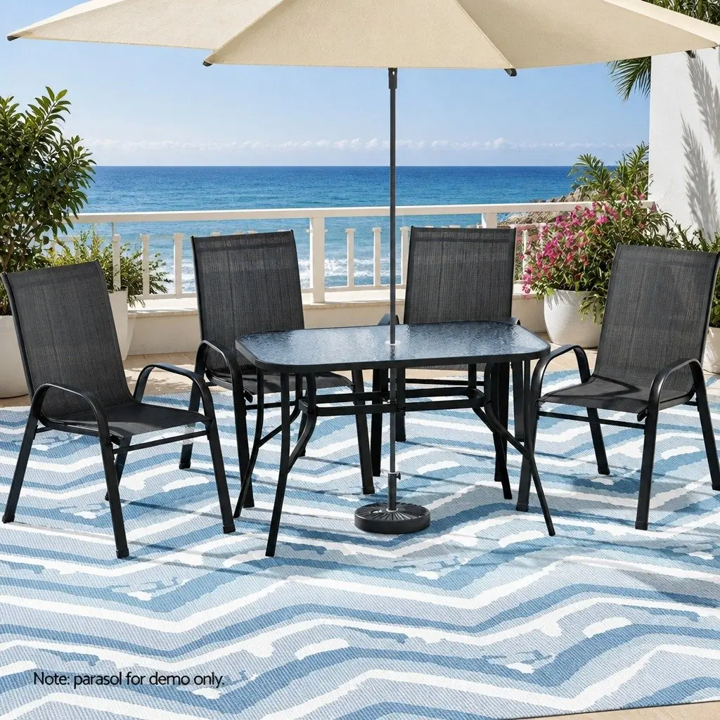 Outdoor Dining Set Black Tempered Glass Table Stackable Chairs 5 Piece Steel Frame