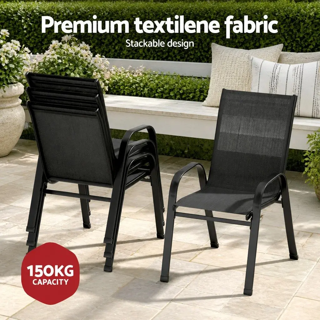 Outdoor Dining Set Black Tempered Glass Table Stackable Chairs 5 Piece Steel Frame