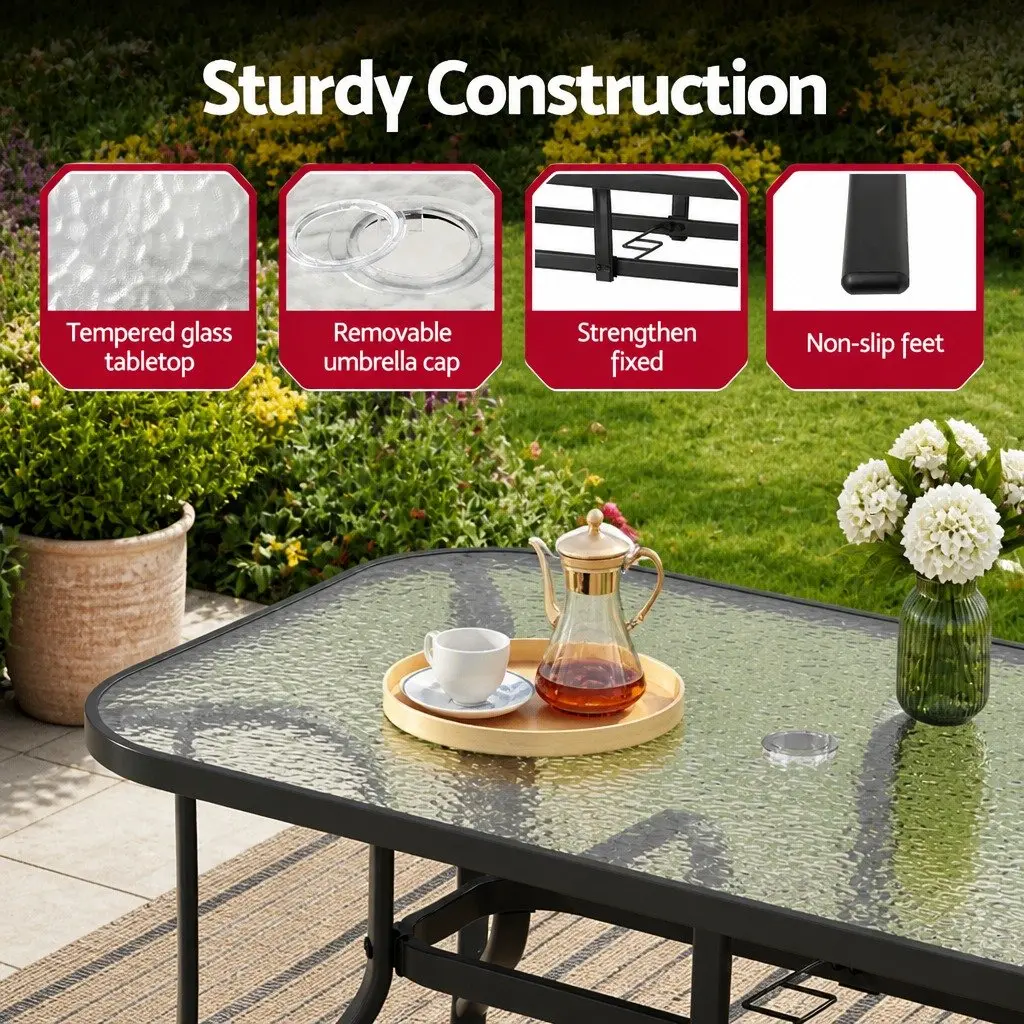 Outdoor Dining Set Black Tempered Glass Table Stackable Chairs 5 Piece Steel Frame