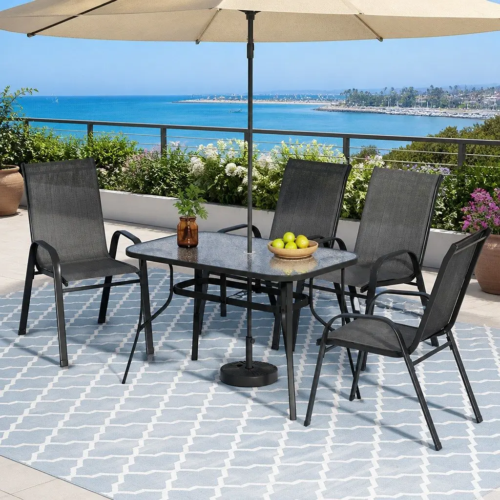 Outdoor Dining Set Black Tempered Glass Table Stackable Chairs 5 Piece Steel Frame