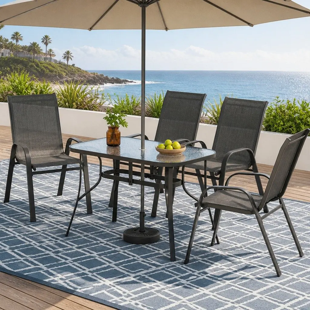 Outdoor Dining Set Black Tempered Glass Table Stackable Chairs 5 Piece Steel Frame