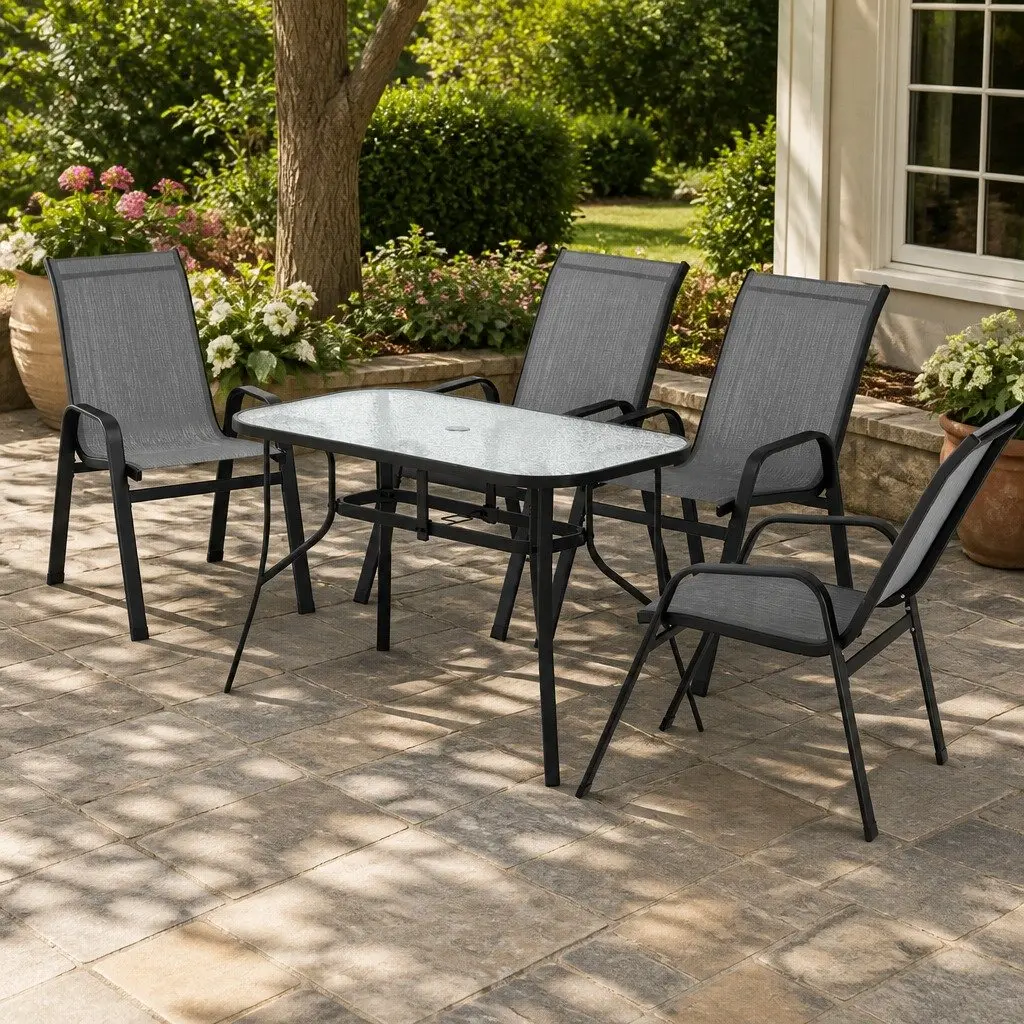 5 Piece Outdoor Dining Set Grey Stackable Chairs Tempered Glass Table Rust Resistant Steel Frame