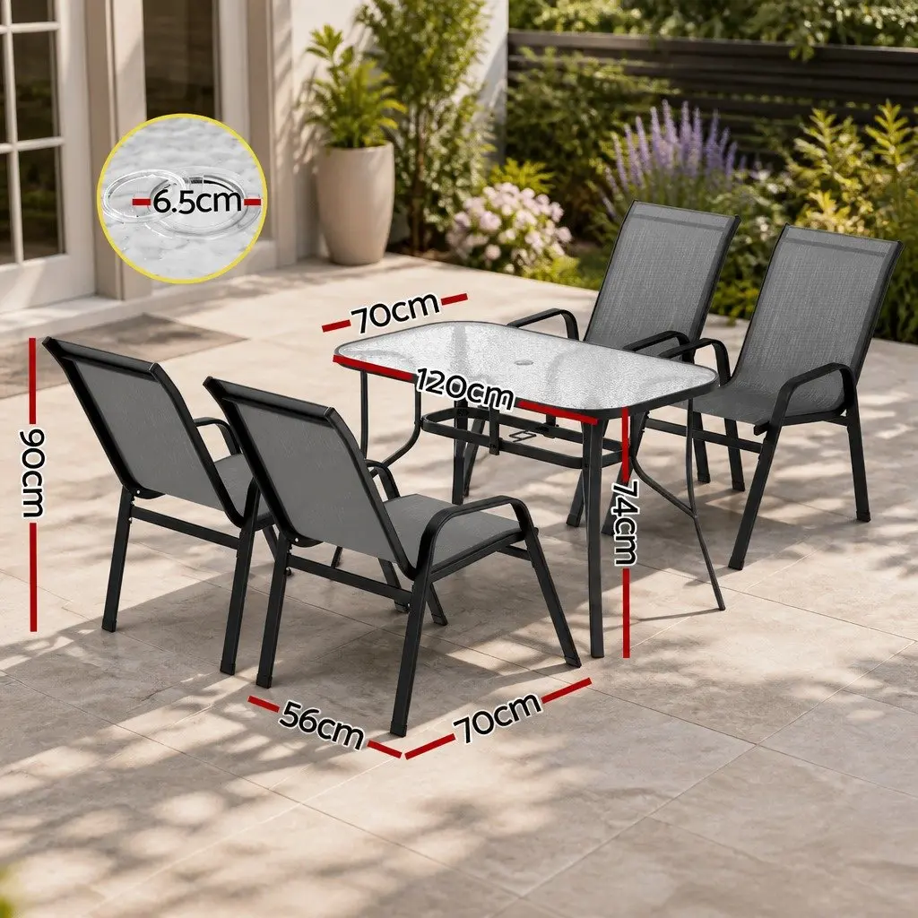5 Piece Outdoor Dining Set Grey Stackable Chairs Tempered Glass Table Rust Resistant Steel Frame