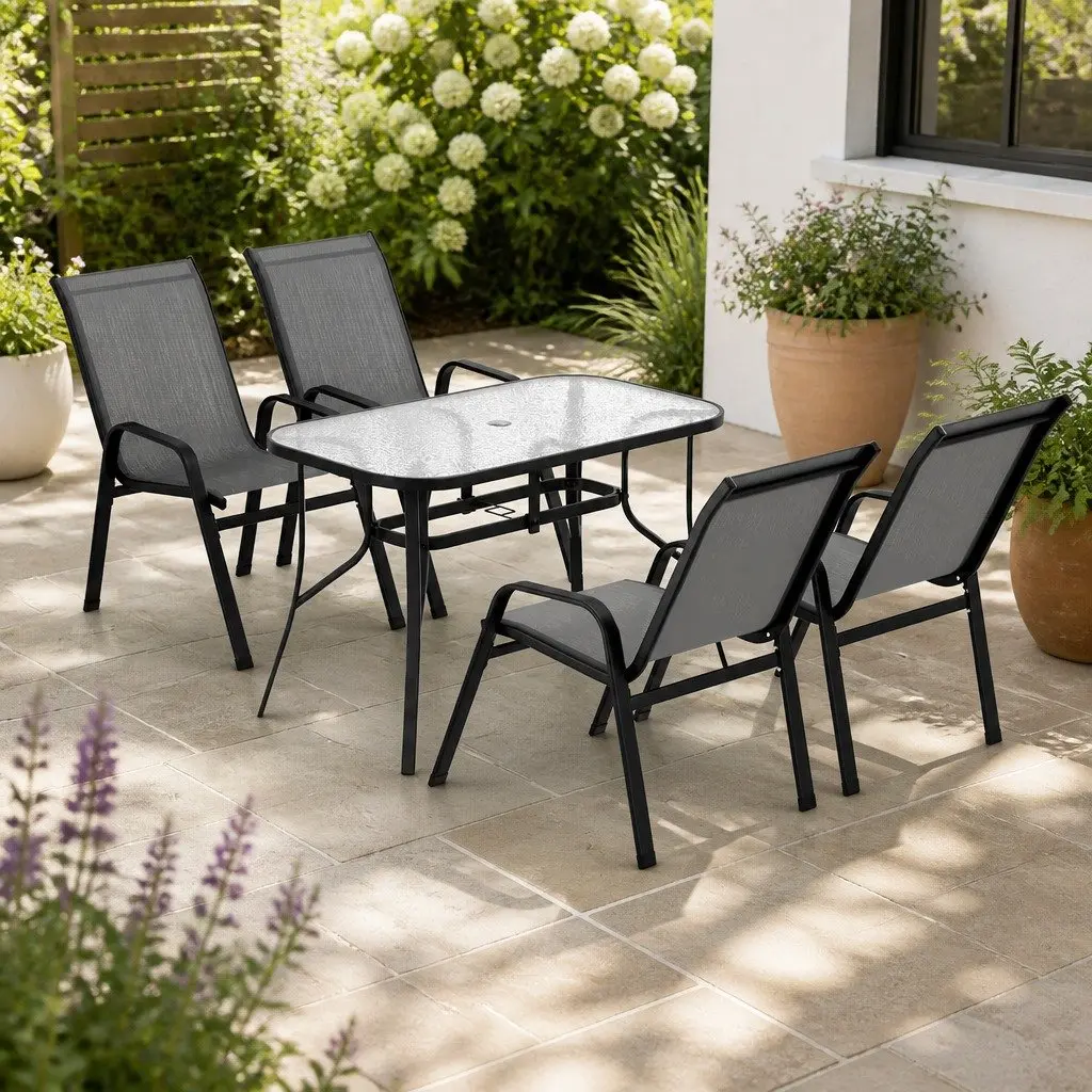 5 Piece Outdoor Dining Set Grey Stackable Chairs Tempered Glass Table Rust Resistant Steel Frame