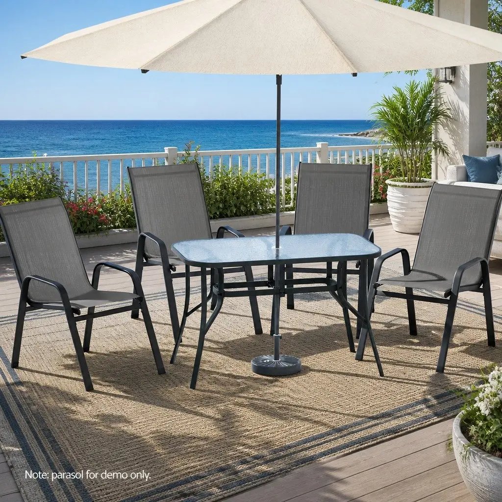 5 Piece Outdoor Dining Set Grey Stackable Chairs Tempered Glass Table Rust Resistant Steel Frame
