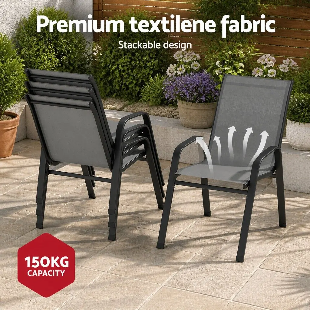 5 Piece Outdoor Dining Set Grey Stackable Chairs Tempered Glass Table Rust Resistant Steel Frame