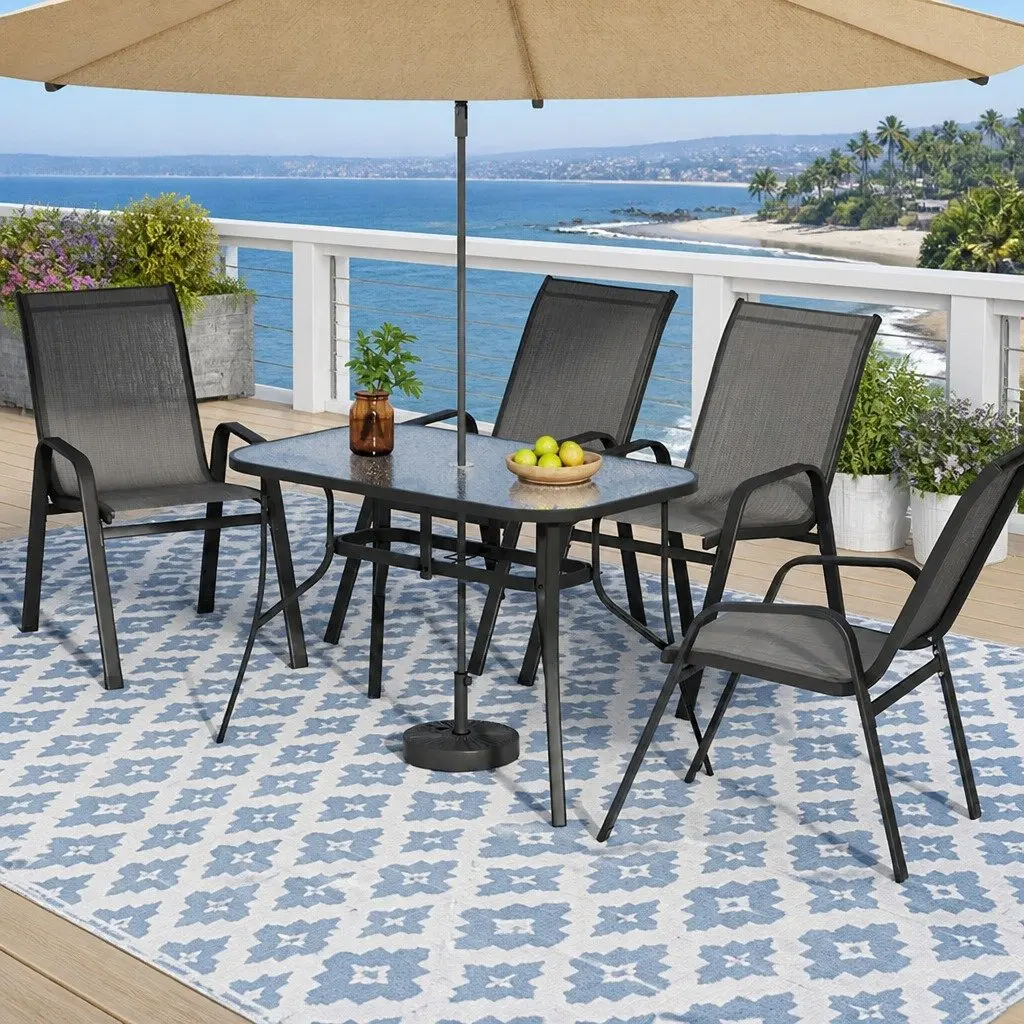 5 Piece Outdoor Dining Set Grey Stackable Chairs Tempered Glass Table Rust Resistant Steel Frame