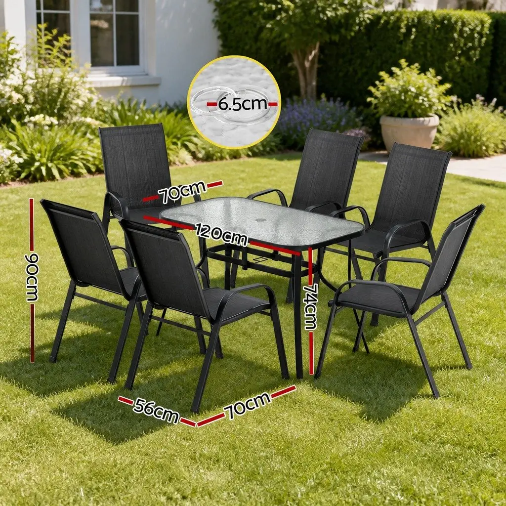 7 Piece Outdoor Dining Set Black Glass Table Stackable Chairs Weather Resistant