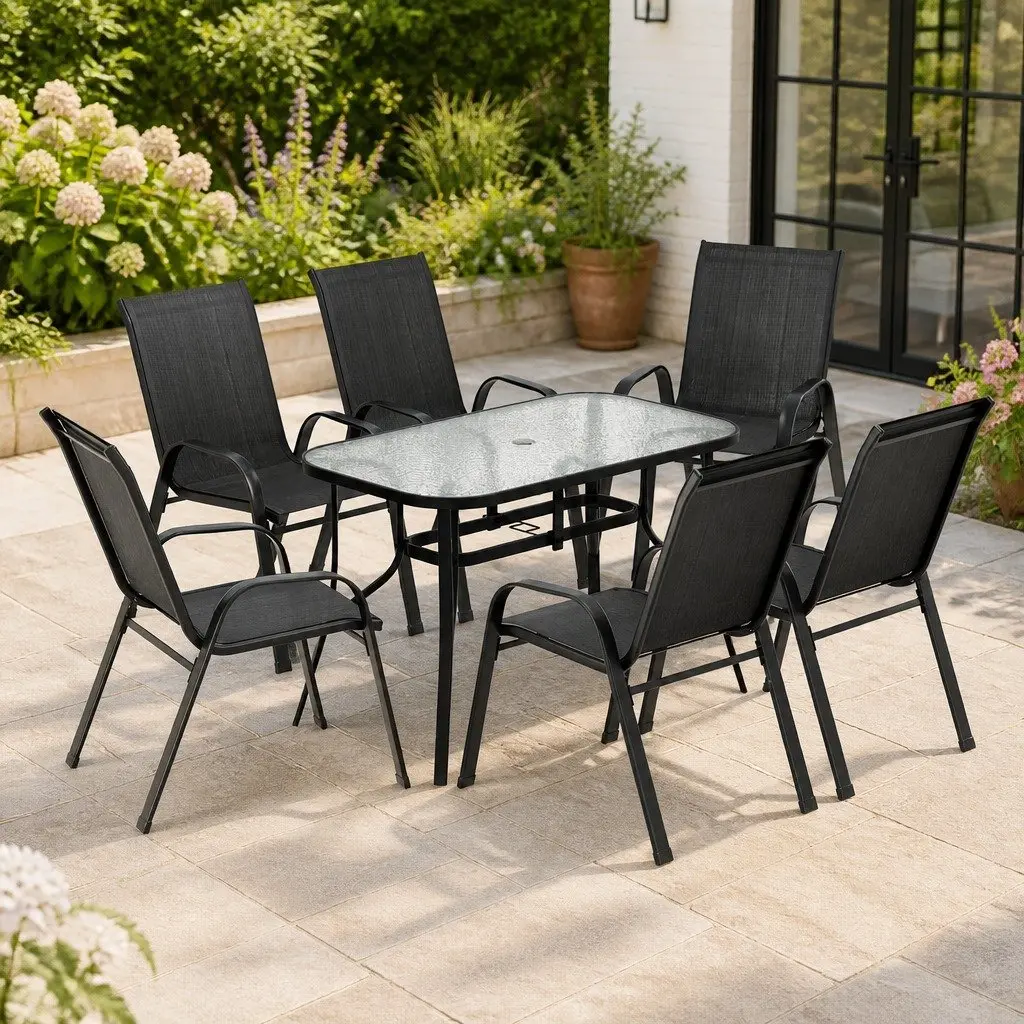 7 Piece Outdoor Dining Set Black Glass Table Stackable Chairs Weather Resistant