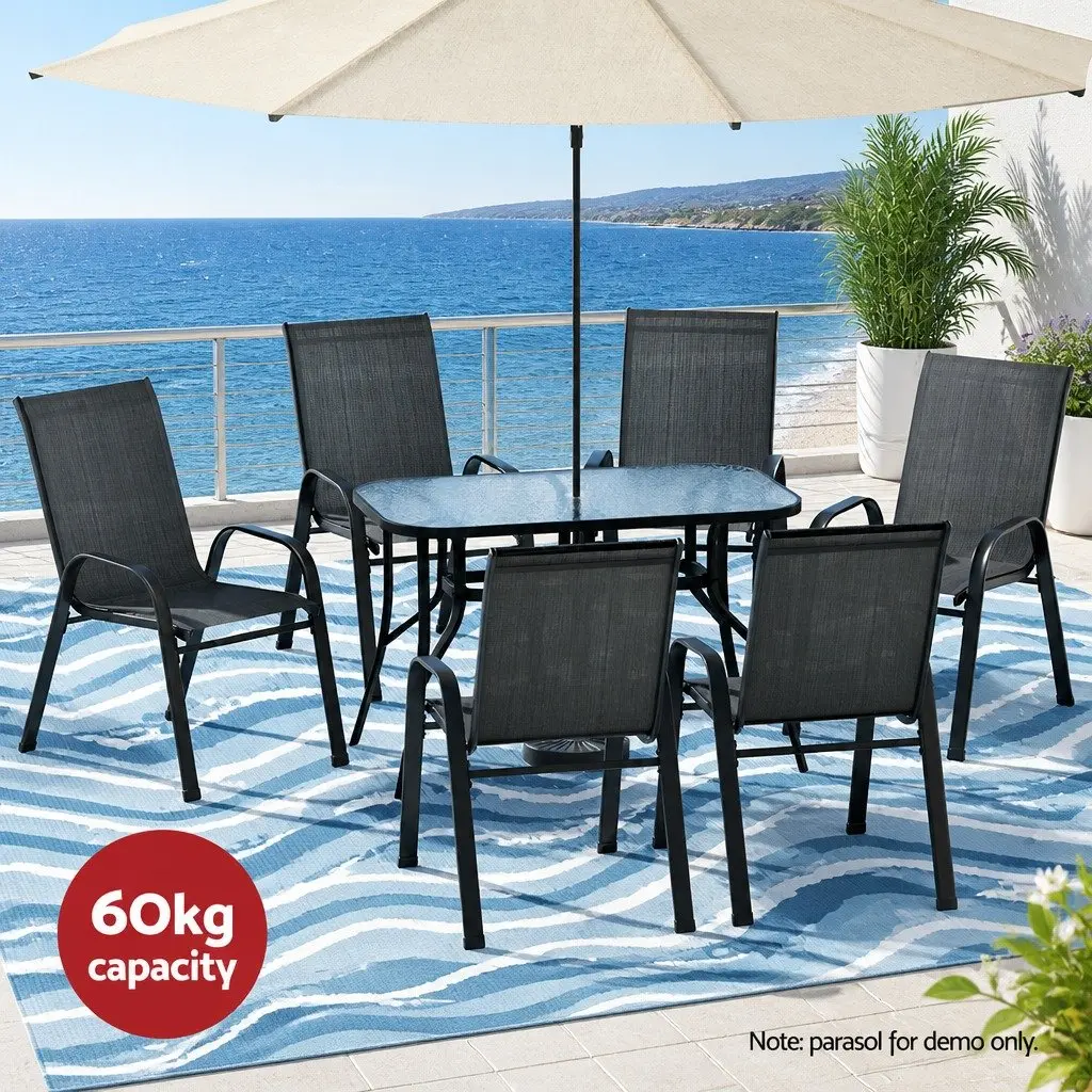 7 Piece Outdoor Dining Set Black Glass Table Stackable Chairs Weather Resistant