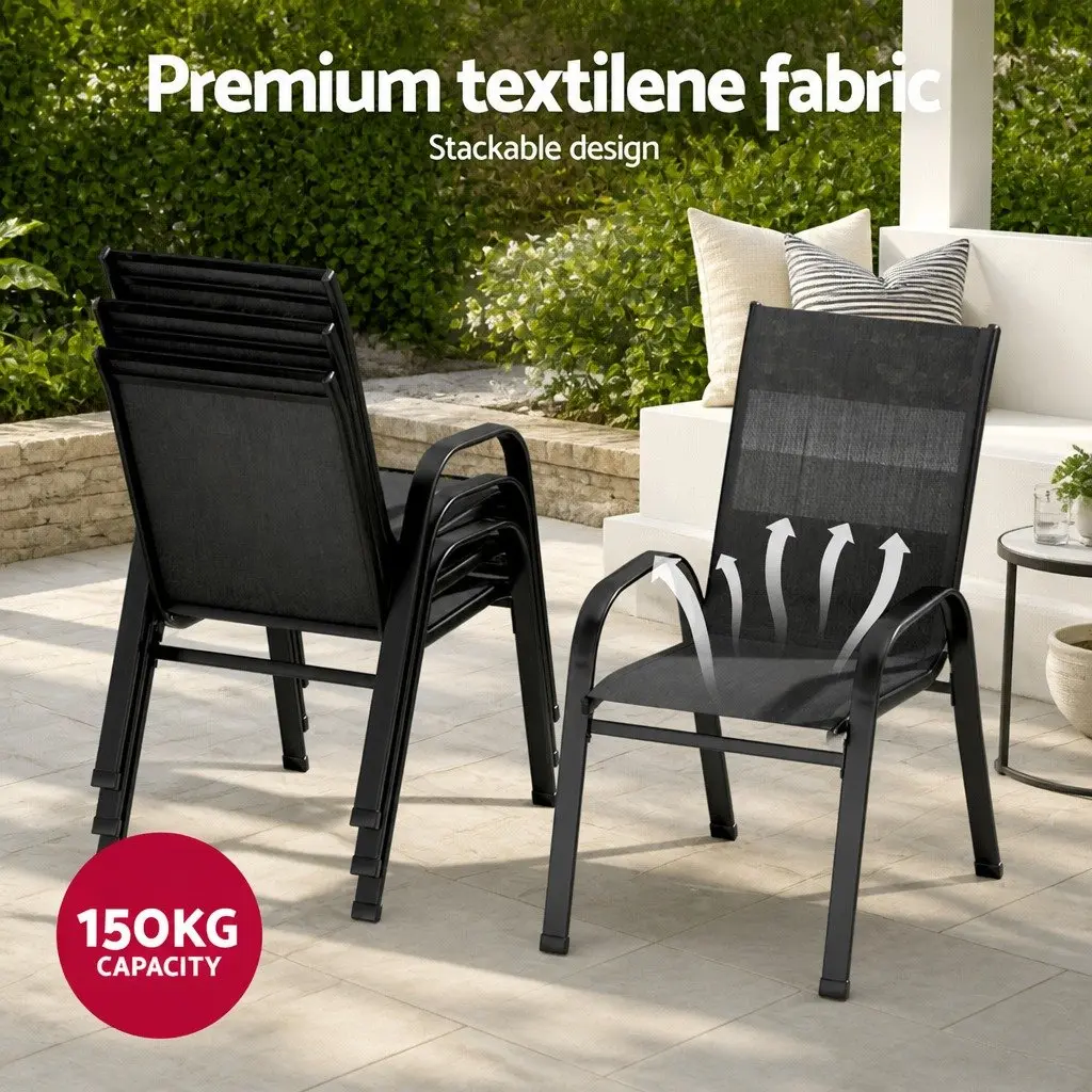 7 Piece Outdoor Dining Set Black Glass Table Stackable Chairs Weather Resistant