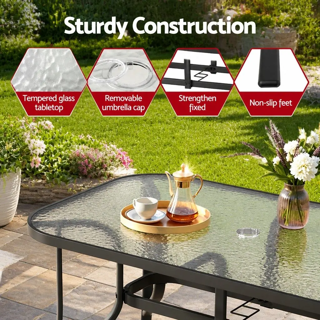 7 Piece Outdoor Dining Set Black Glass Table Stackable Chairs Weather Resistant